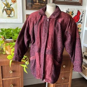 portrait vintage leather and wool burgundy coat